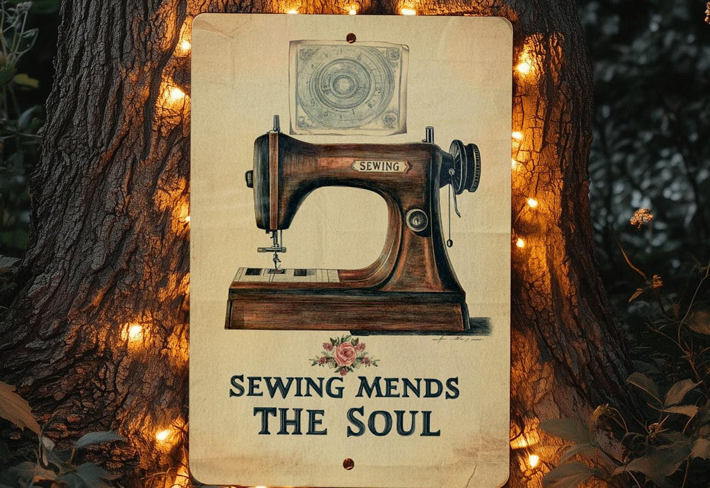 a sign that says sewing mends the soul