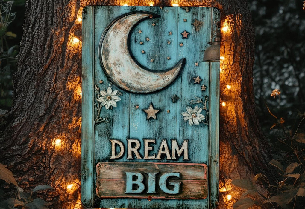 a wooden sign that says dream big next to a tree