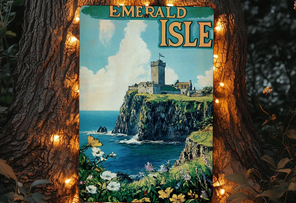 a poster of a castle on a cliff by the ocean