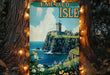 a poster of a castle on a cliff by the ocean