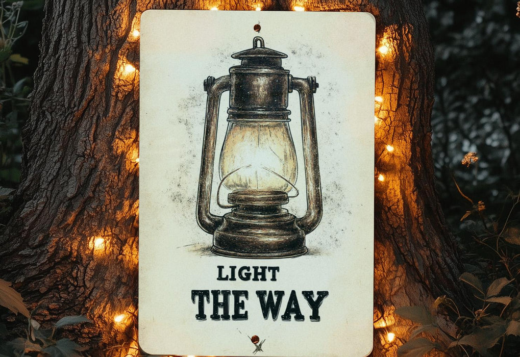 a light the way sign hanging on a tree