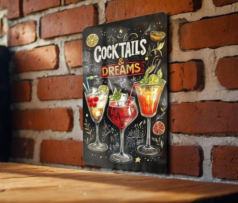 a sign on a brick wall advertising cocktails