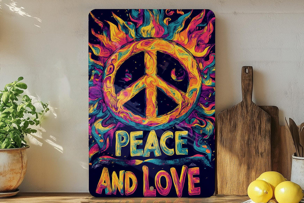 a peace and love sign on a shelf