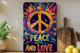 a peace and love sign on a shelf