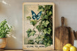 a painting of a blue butterfly sitting on a branch