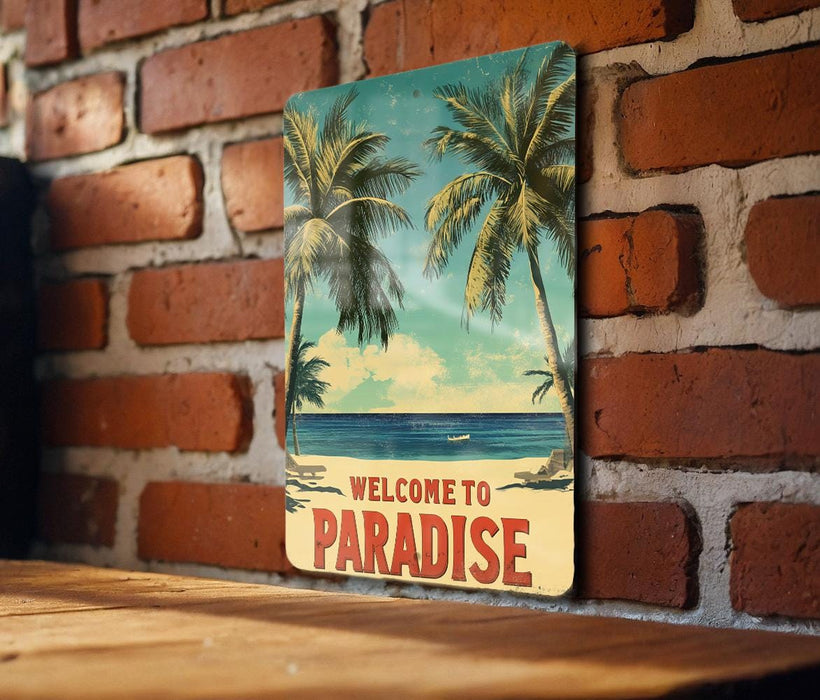 a picture of a welcome to paradise sign on a brick wall