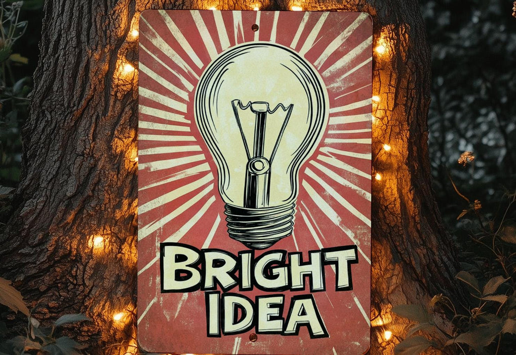a sign that says bright idea on a tree