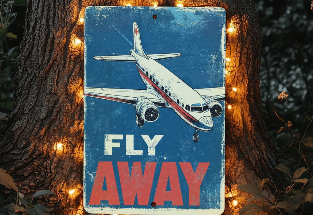 a metal sign with a picture of a plane on it