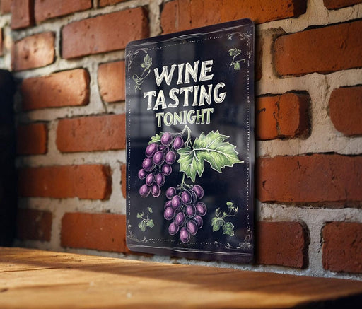 a sign on a brick wall that says wine tasting tonight