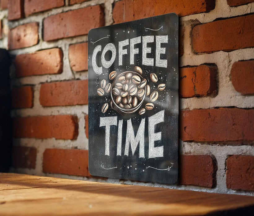 a coffee time sign on a brick wall