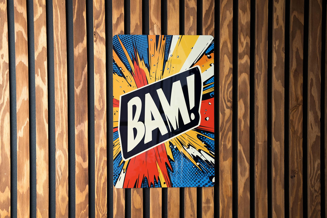a wooden wall with a sign that says bam on it
