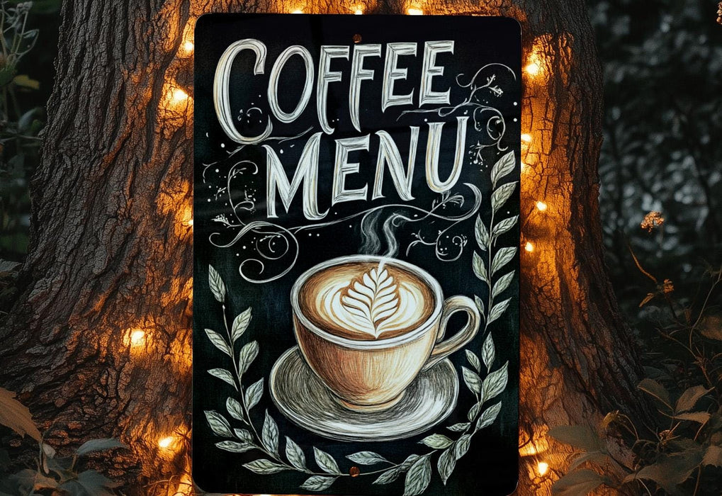 a chalkboard sign with a cup of coffee on it