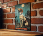 a picture of a dog on a brick wall