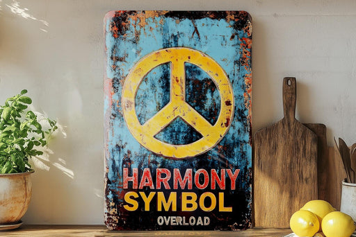 a yellow and blue sign sitting on top of a wooden table