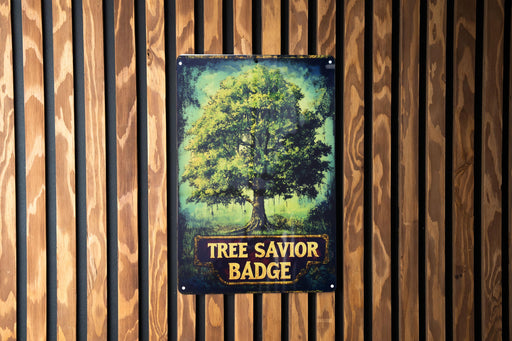 a tree savor badge hanging on a wooden wall