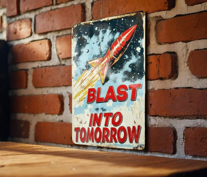 a sign on a brick wall that says blast into tomorrow