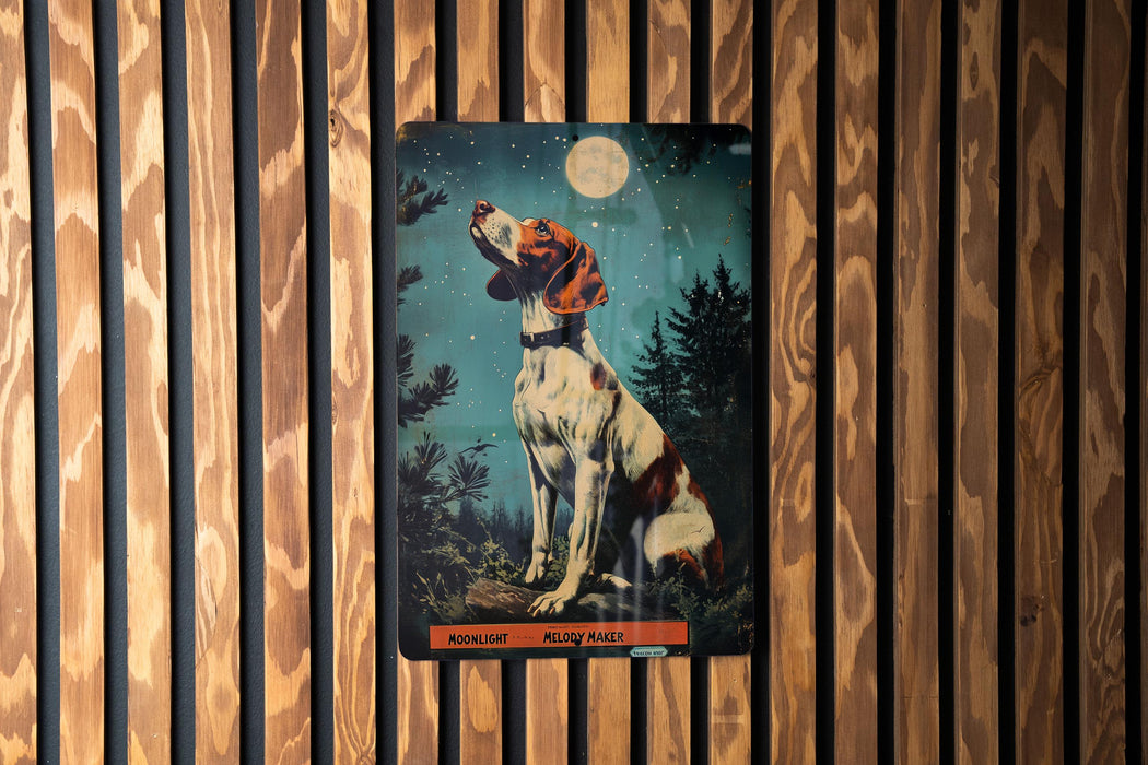 a picture of a dog on a wooden wall