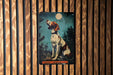 a picture of a dog on a wooden wall