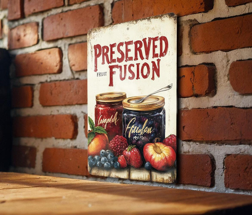 a sign on a brick wall advertising canned fruit