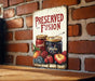 a sign on a brick wall advertising canned fruit