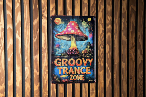 a sign on a wooden wall that says grooy trance zone