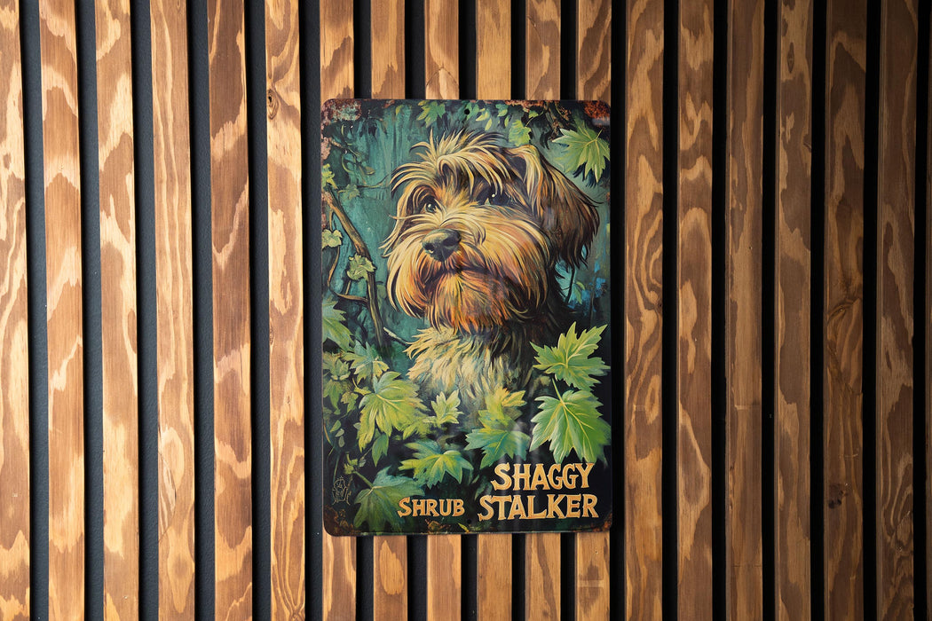 a picture of a dog on a wooden wall