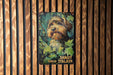 a picture of a dog on a wooden wall