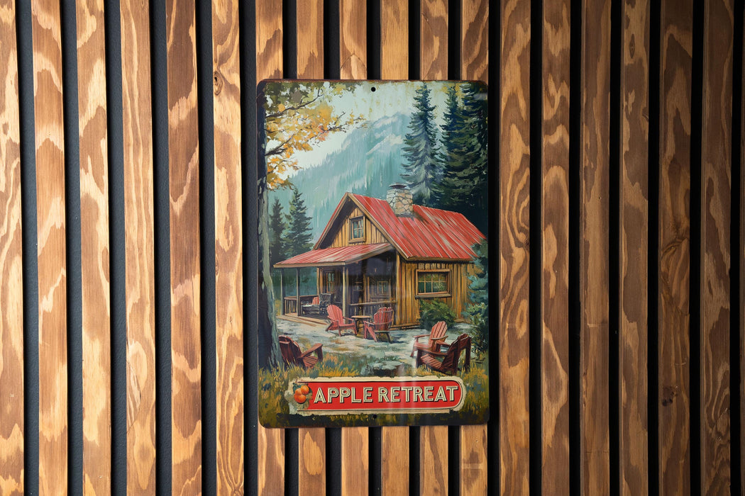 a painting of a cabin on a wooden wall