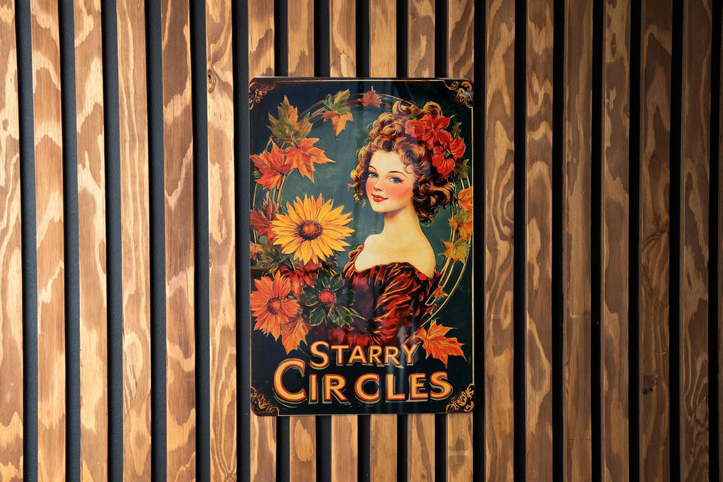 a poster of a woman with flowers on a wooden wall