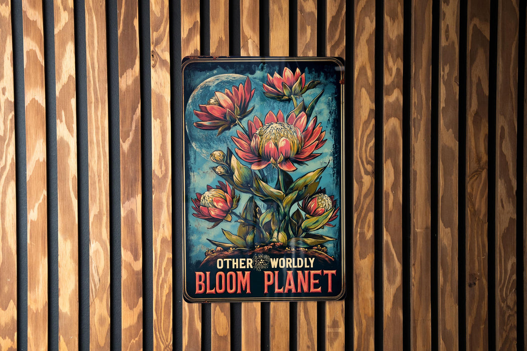 a sign on a wooden wall that says other worldly bloom planet