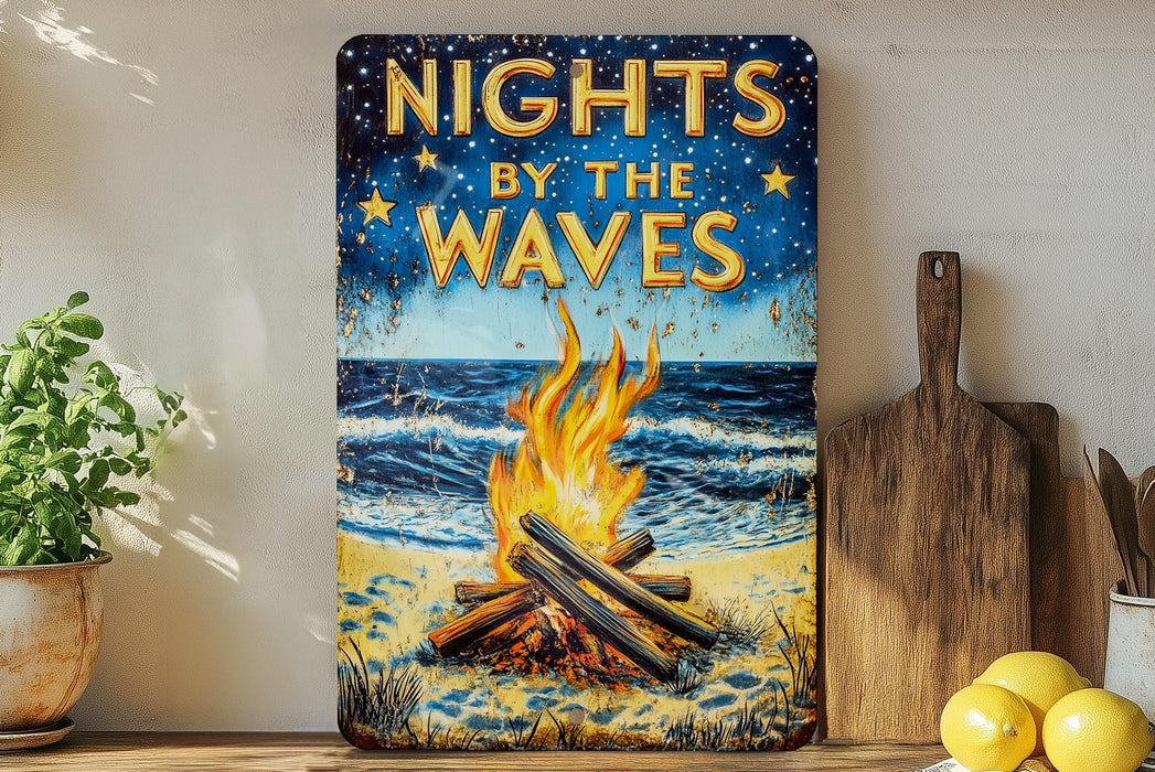 a sign that says nights by the waves next to some lemons