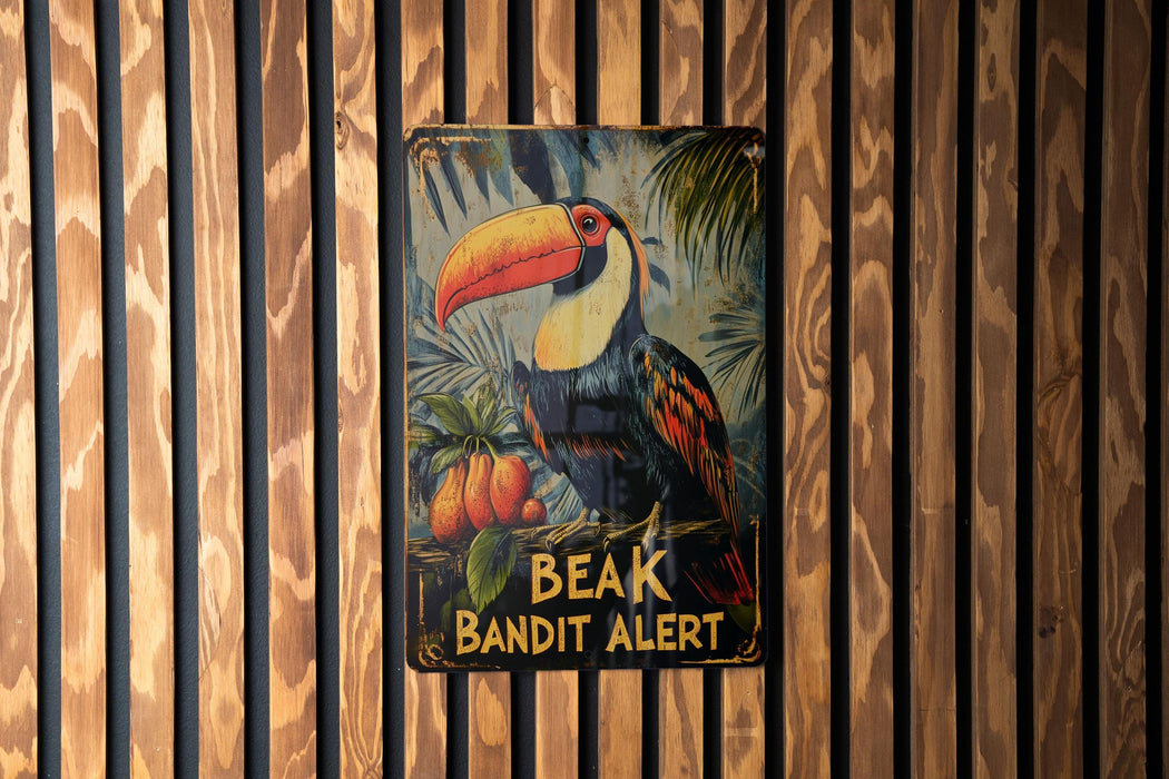 a picture of a toucan bird on a wooden wall