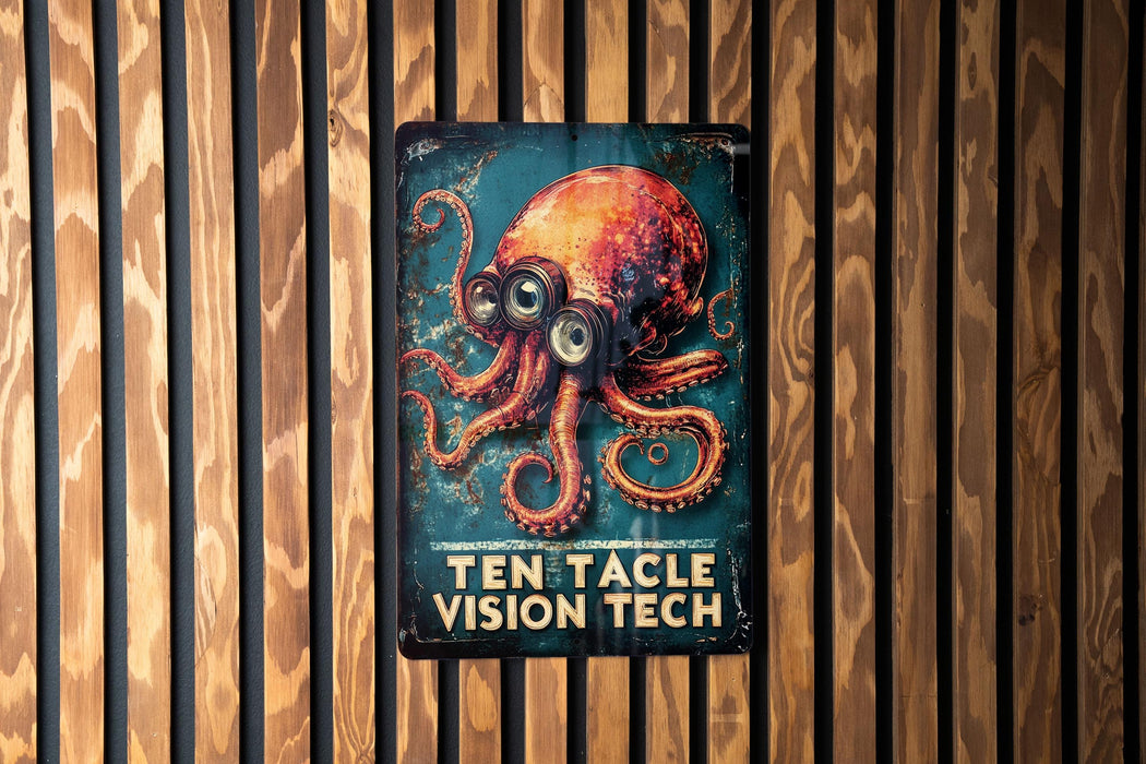 a sign with an octopus on it on a wooden wall