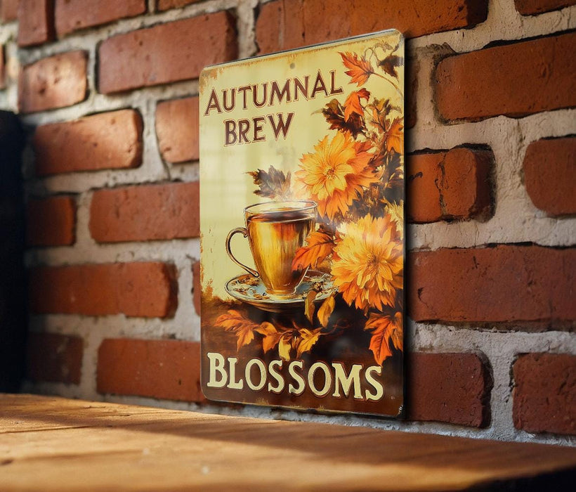 a sign on a brick wall with a cup of coffee