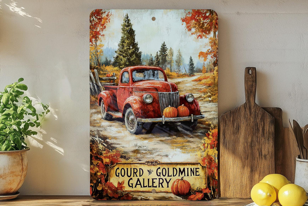 a painting of a red truck with pumpkins on it