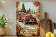 a painting of a red truck with pumpkins on it