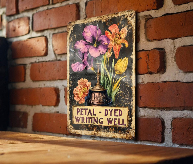a sign on a brick wall that says petal - dyed writing well