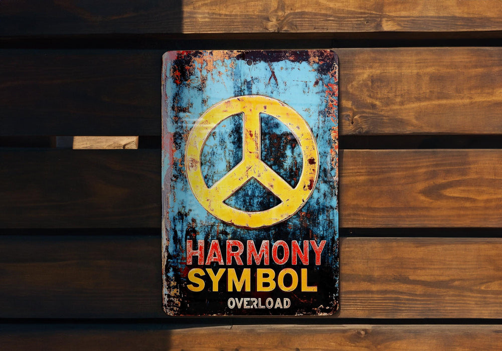 a sign on a wooden wall that says harmony symbol overload