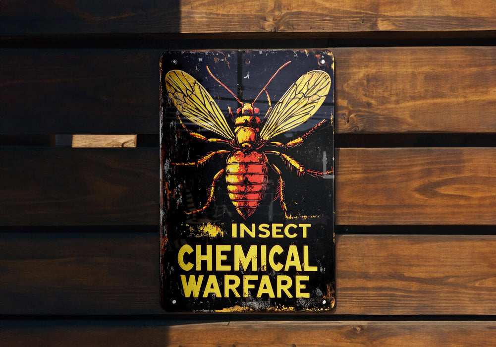 a sign on a wooden wall that says insect chemical warfare