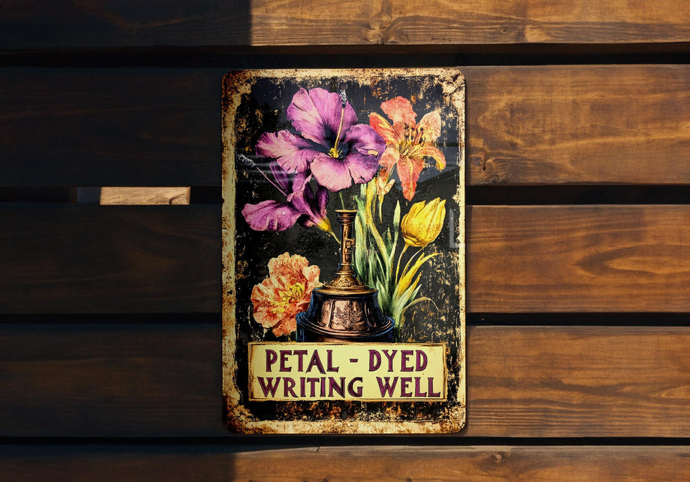 a sign on a wooden bench that says petal - dyed writing well