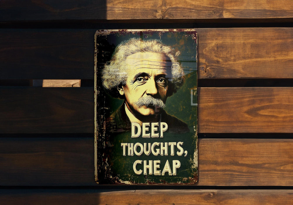 a sign on a wooden wall that says deep thoughts, cheap