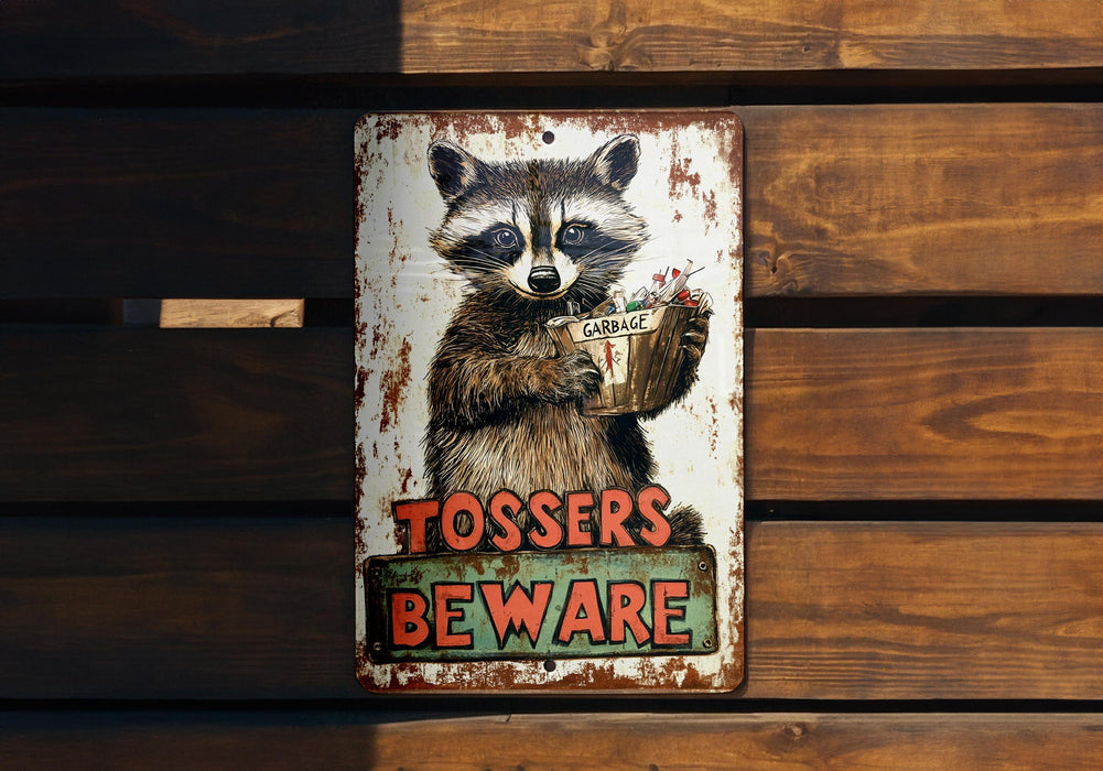 a metal sign with a raccoon holding a cup