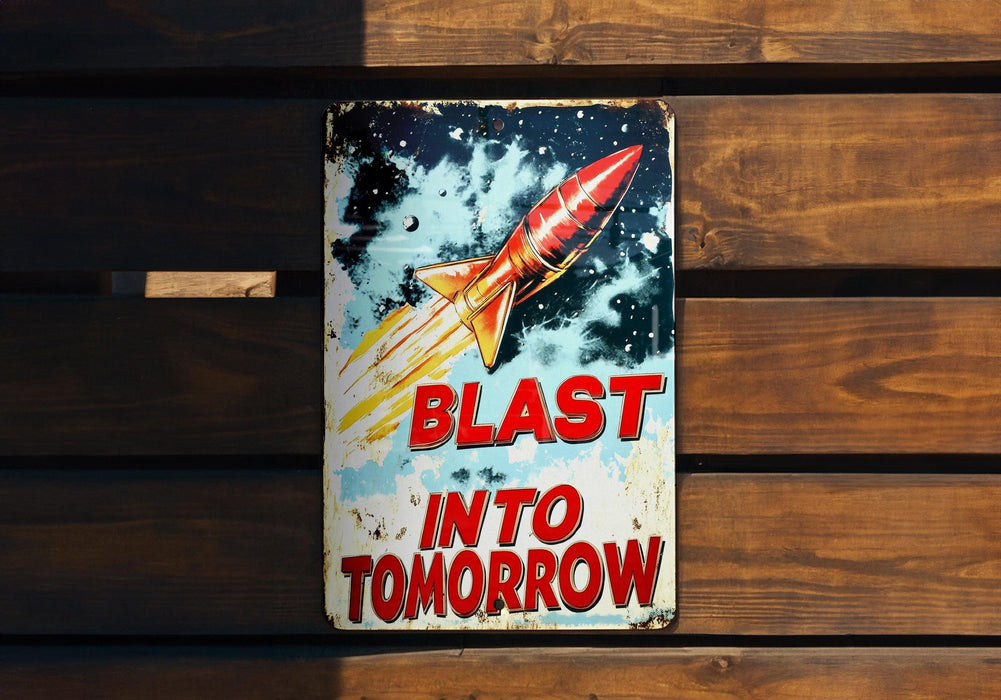a sign on a wooden wall that says blast into tomorrow