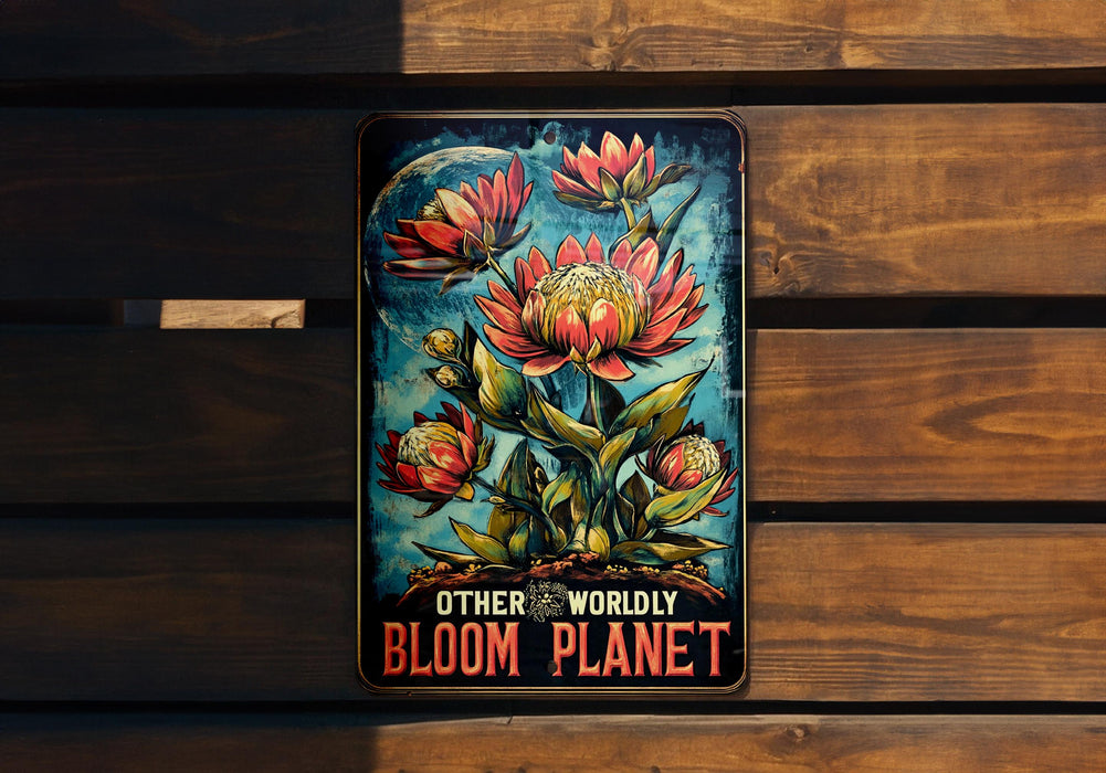 a wooden bench with a sign on it that says, other worldly bloom planet