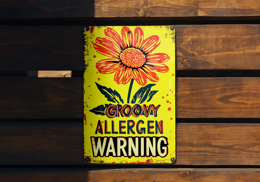 a sign on a wooden wall that says grow allergen warning