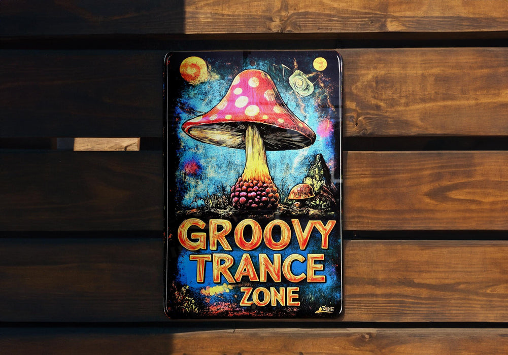 a sign on a wooden bench that says groovy trance zone