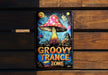a sign on a wooden bench that says groovy trance zone