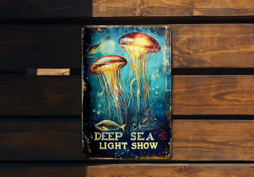 a sign on a wooden wall that says deep sea light show