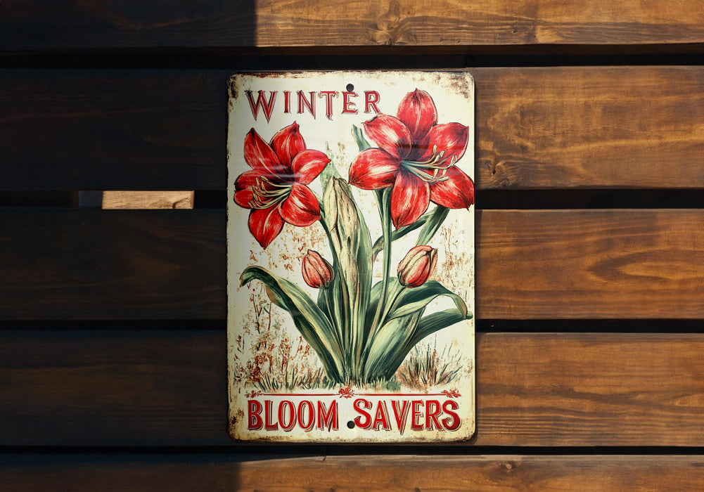 a sign on a wooden bench that says winter bloom savers