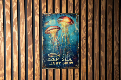 a sign on a wooden wall that says deep sea light show